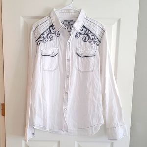 Pop Icon Buckle Brand White Button up Snap Mens Shirt Size L